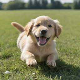 A playful and joyful golden retriever puppy rolling in a lush green field under a sunlit blue sky