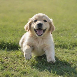 A playful and joyful golden retriever puppy rolling in a lush green field under a sunlit blue sky