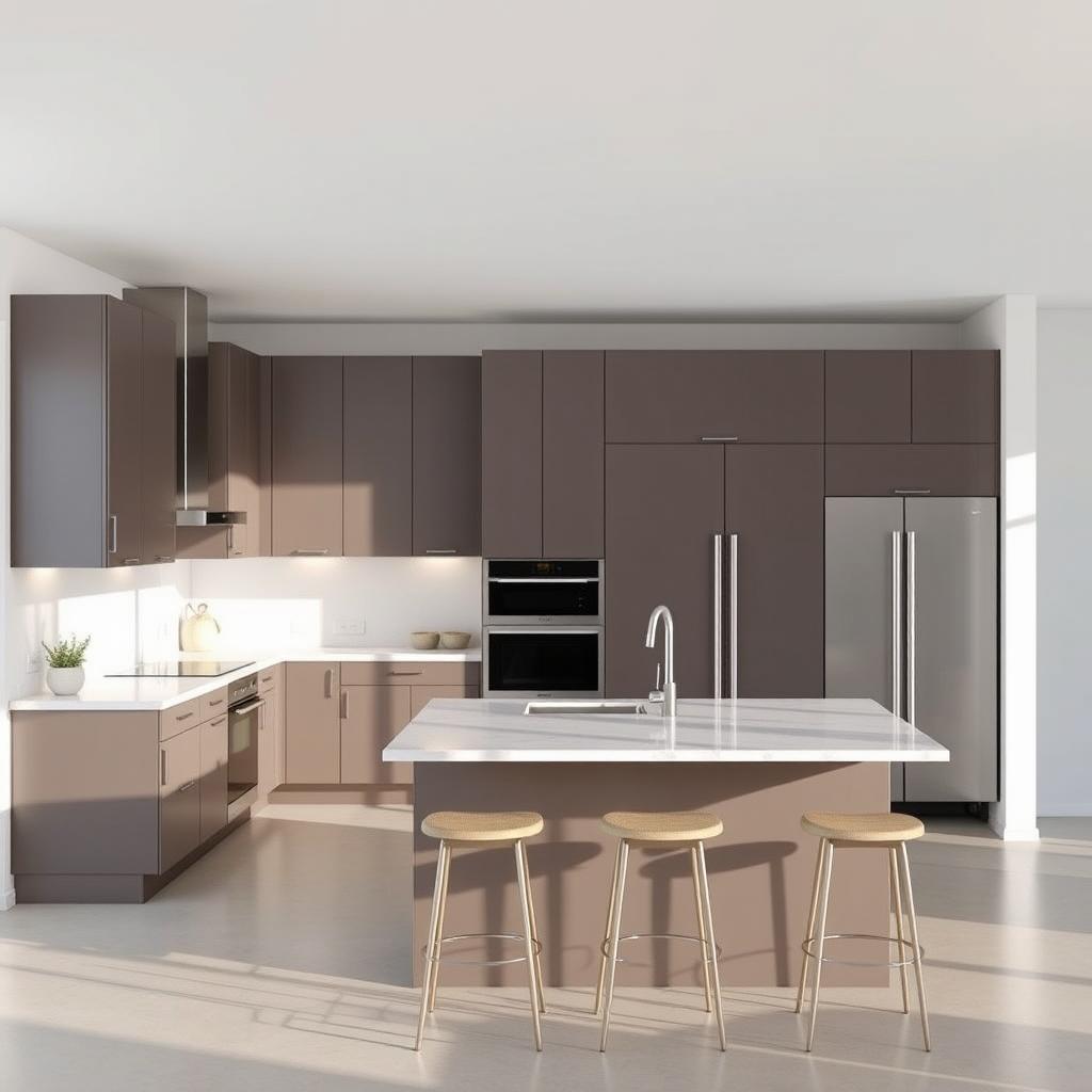 A modern kitchen design featuring sleek cabinets, a large island with bar stools, stainless steel appliances, and ample natural lighting