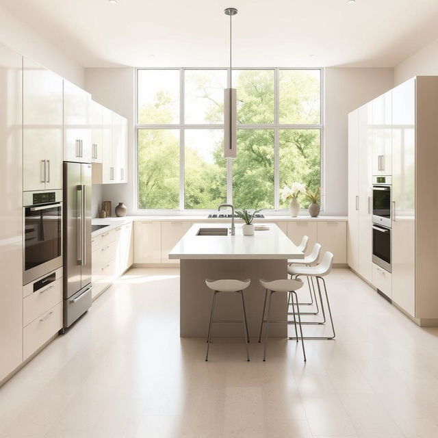 A modern kitchen design featuring sleek cabinets, a large island with bar stools, stainless steel appliances, and ample natural lighting