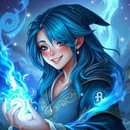 An image of a beautiful blue-haired sorcerer, smiling while casting a blue spell