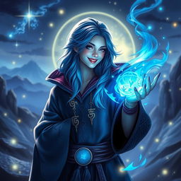 An image of a beautiful blue-haired sorcerer, smiling while casting a blue spell