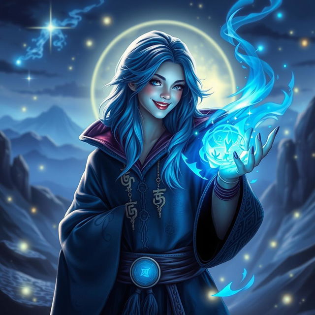 An image of a beautiful blue-haired sorcerer, smiling while casting a blue spell