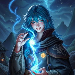 An image of a beautiful blue-haired sorcerer, smiling while casting a blue spell