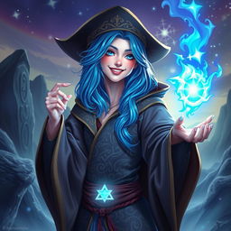 An image of a beautiful blue-haired sorcerer, smiling while casting a blue spell