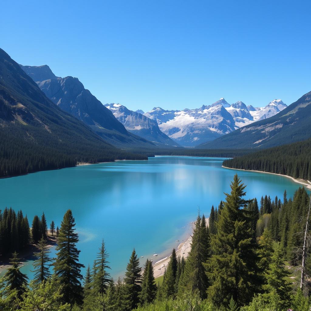 A beautiful landscape featuring a serene lake surrounded by lush forests and majestic mountains under a clear blue sky