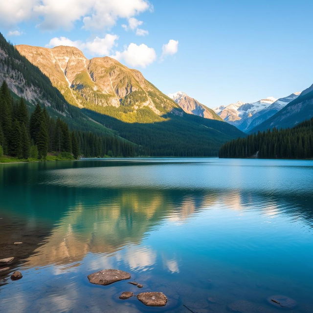 A beautiful landscape featuring a serene lake surrounded by lush forests and majestic mountains under a clear blue sky