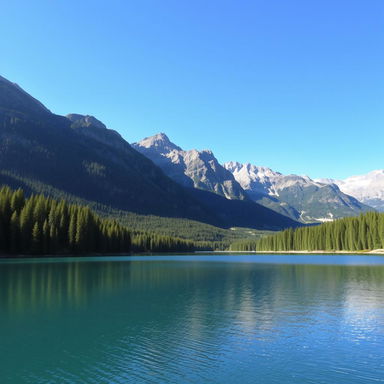 A beautiful landscape featuring a serene lake surrounded by lush forests and majestic mountains under a clear blue sky