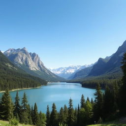 A beautiful landscape featuring a serene lake surrounded by lush forests and majestic mountains under a clear blue sky