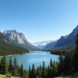 A beautiful landscape featuring a serene lake surrounded by lush forests and majestic mountains under a clear blue sky