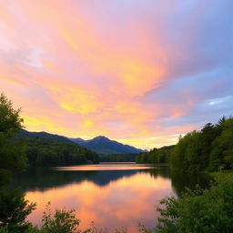 An image of a serene landscape with a beautiful sunset over a calm lake, surrounded by lush green trees and mountains in the background