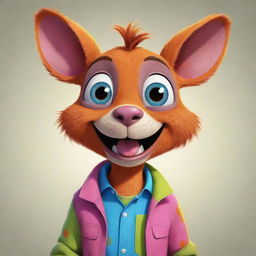 Cartoon drawing of a friendly anthropomorphic animal character dressed in casual clothes, with bright colors and expressive eyes. The character should look happy, vibrant, and full of life.