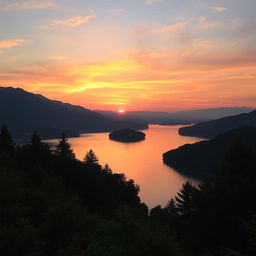 An image of a serene landscape with a beautiful sunset over a calm lake, surrounded by lush green trees and mountains in the background