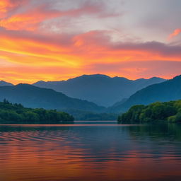 An image of a serene landscape with a beautiful sunset over a calm lake, surrounded by lush green trees and mountains in the background