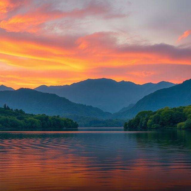 An image of a serene landscape with a beautiful sunset over a calm lake, surrounded by lush green trees and mountains in the background