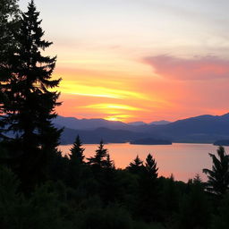 An image of a serene landscape with a beautiful sunset over a calm lake, surrounded by lush green trees and mountains in the background