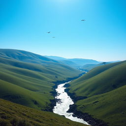 A serene landscape featuring a clear blue sky, rolling green hills, and a sparkling river flowing through the valley