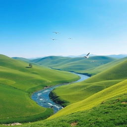 A serene landscape featuring a clear blue sky, rolling green hills, and a sparkling river flowing through the valley