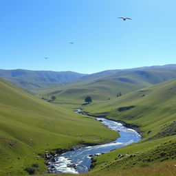 A serene landscape featuring a clear blue sky, rolling green hills, and a sparkling river flowing through the valley