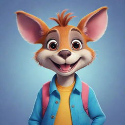 Cartoon drawing of a friendly anthropomorphic animal character dressed in casual clothes, with bright colors and expressive eyes. The character should look happy, vibrant, and full of life.