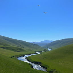 A serene landscape featuring a clear blue sky, rolling green hills, and a sparkling river flowing through the valley