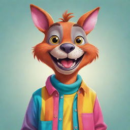 Cartoon drawing of a friendly anthropomorphic animal character dressed in casual clothes, with bright colors and expressive eyes. The character should look happy, vibrant, and full of life.