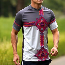 A stylish running shirt designed with a Tenun Sambas theme