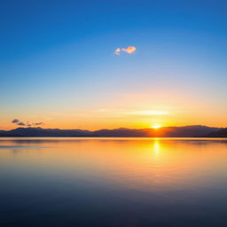 A serene landscape featuring a beautiful sunset over a calm lake with mountains in the background and a few scattered clouds in the sky