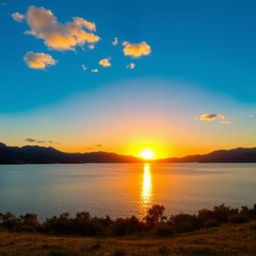 A serene landscape featuring a beautiful sunset over a calm lake with mountains in the background and a few scattered clouds in the sky