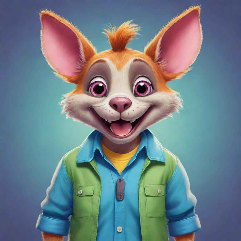 Cartoon drawing of a friendly anthropomorphic animal character dressed in casual clothes, with bright colors and expressive eyes. The character should look happy, vibrant, and full of life.