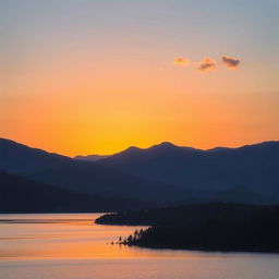 A serene landscape featuring a beautiful sunset over a calm lake with mountains in the background and a few scattered clouds in the sky