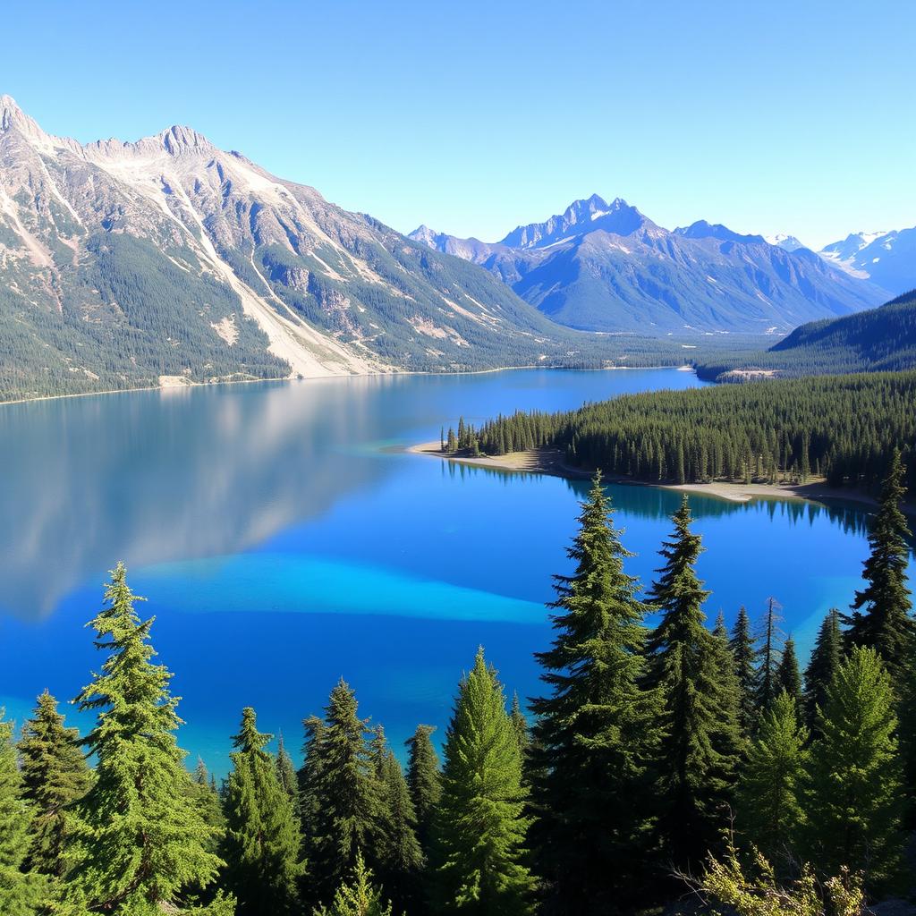 A serene landscape featuring a crystal-clear lake surrounded by lush green trees and majestic mountains in the background under a clear blue sky