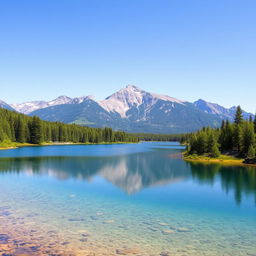 A serene landscape featuring a crystal-clear lake surrounded by lush green trees and majestic mountains in the background under a clear blue sky