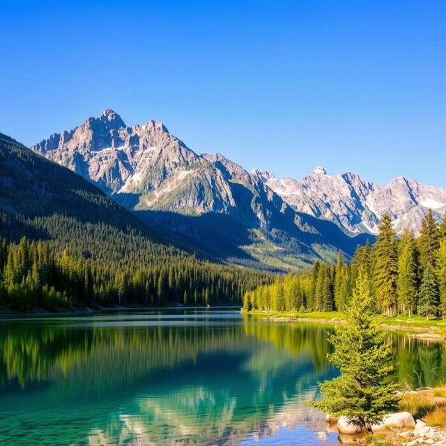 A serene landscape featuring a crystal-clear lake surrounded by lush green trees and majestic mountains in the background under a clear blue sky