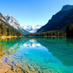 A serene landscape featuring a crystal-clear lake surrounded by lush green trees and majestic mountains in the background under a clear blue sky