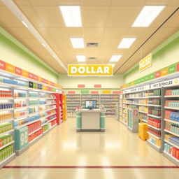 Create a detailed interior design of a dollar store