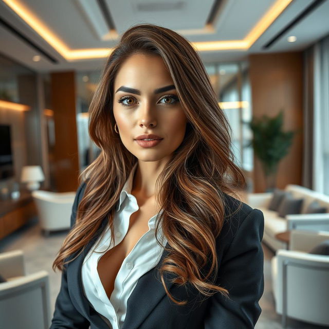 A very high-resolution, realistic photo captures a 25-year-old Italian woman, beautiful and sexy, in a luxurious office