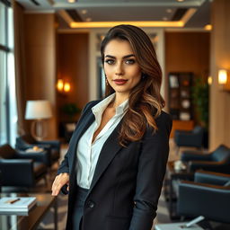 A very high-resolution, realistic photo captures a 25-year-old Italian woman, beautiful and sexy, in a luxurious office