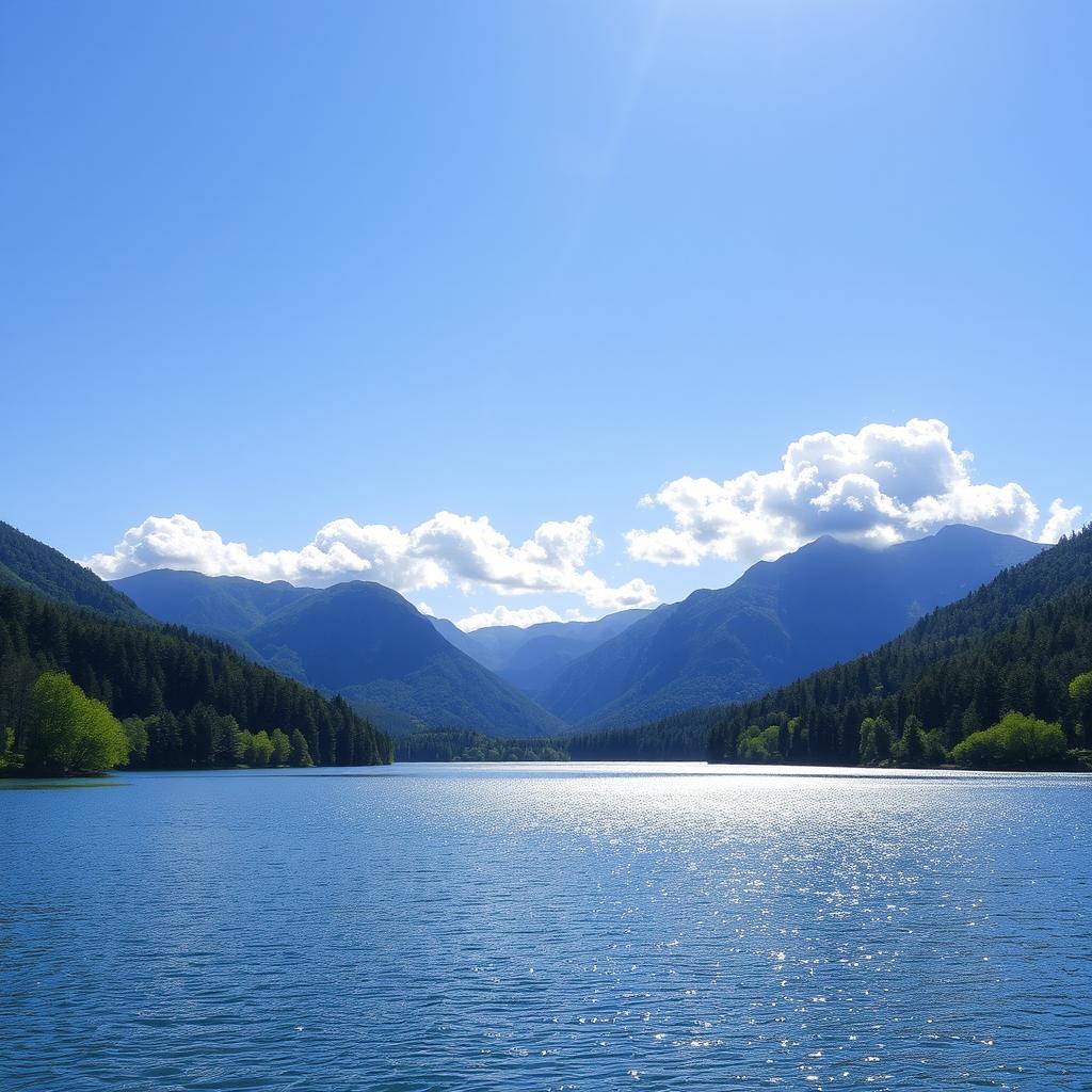 A beautiful landscape featuring a serene lake surrounded by lush green trees and mountains in the background