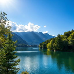 A beautiful landscape featuring a serene lake surrounded by lush green trees and mountains in the background