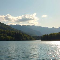 A beautiful landscape featuring a serene lake surrounded by lush green trees and mountains in the background