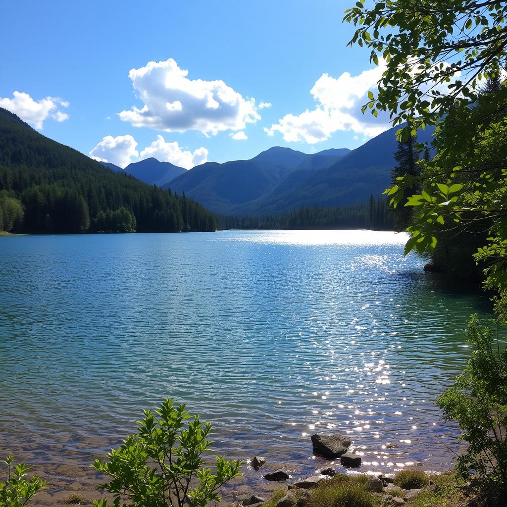 A beautiful landscape featuring a serene lake surrounded by lush green trees and mountains in the background