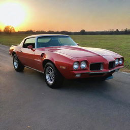 A stunning Pontiac Firebird in pristine condition, gleaming under the soft shine of the sunset.