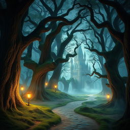 Create a captivating book cover featuring a mystical forest with towering ancient trees, a winding path, and a hidden castle in the distance