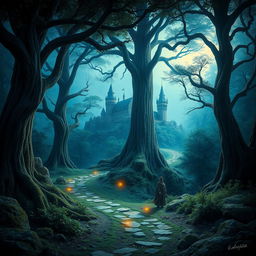 Create a captivating book cover featuring a mystical forest with towering ancient trees, a winding path, and a hidden castle in the distance