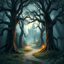 Create a captivating book cover featuring a mystical forest with towering ancient trees, a winding path, and a hidden castle in the distance