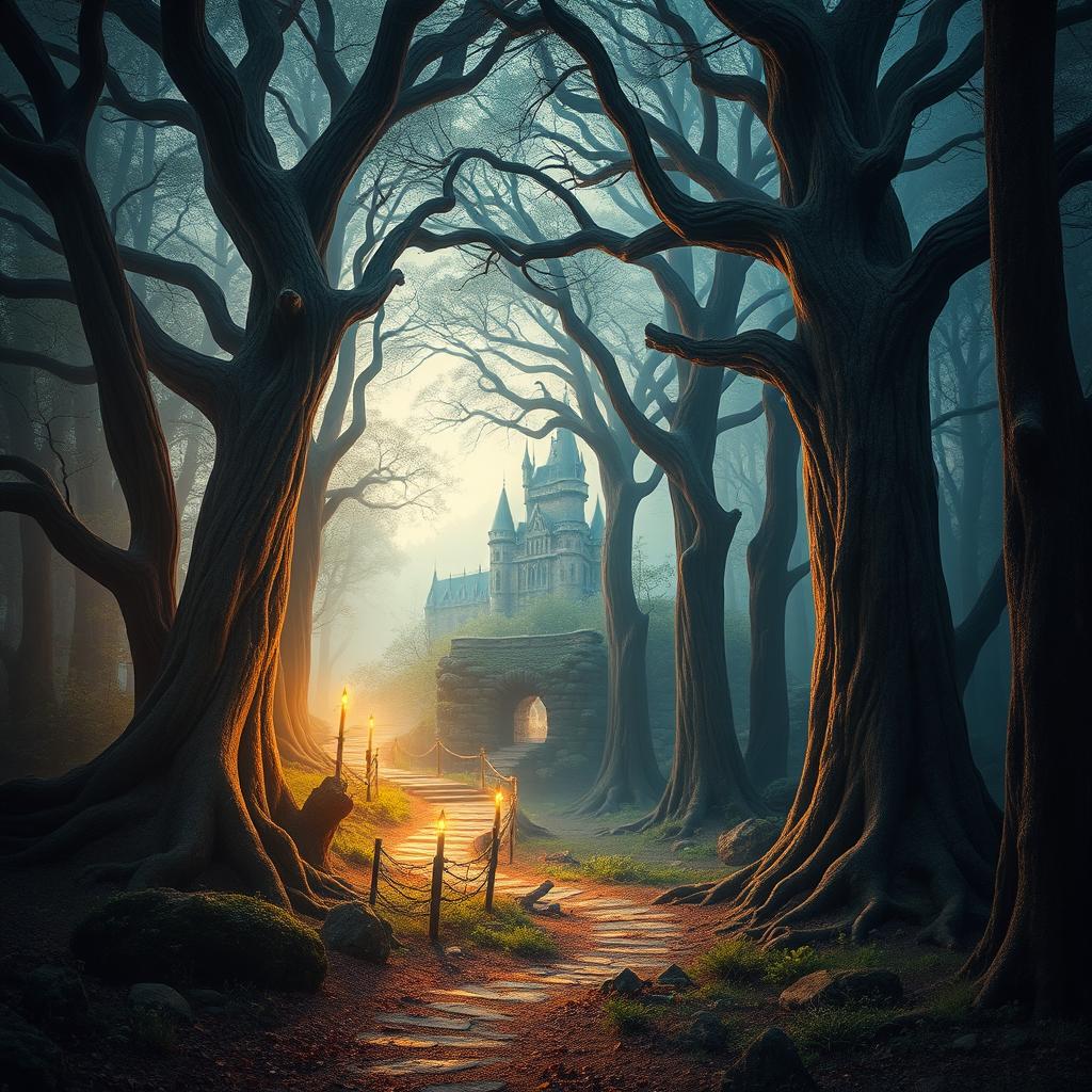 Create a captivating book cover featuring a mystical forest with towering ancient trees, a winding path, and a hidden castle in the distance