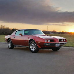 A stunning Pontiac Firebird in pristine condition, gleaming under the soft shine of the sunset.