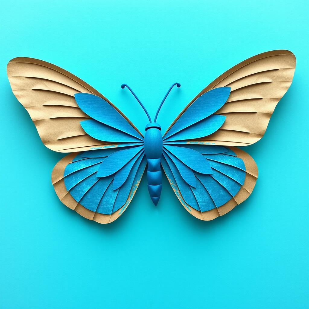 Create an image of a blue butterfly made from kraft paper