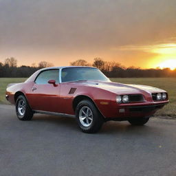 A stunning Pontiac Firebird in pristine condition, gleaming under the soft shine of the sunset.